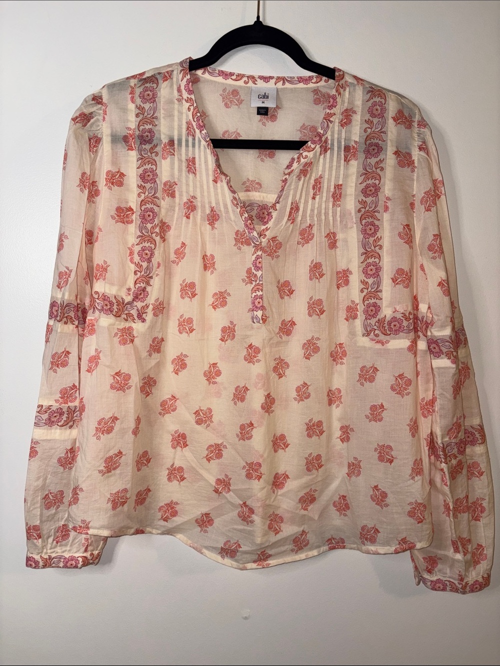 CAbi Cream Blouse with Pink Floral Print Size M
